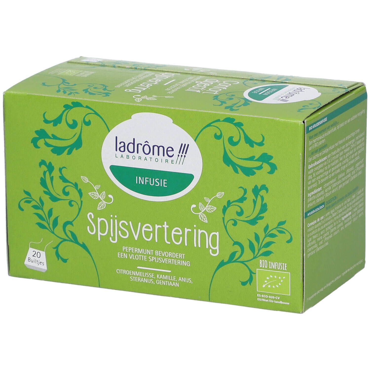 Boîte verte de tisane. Inscription "Spijsvertering". Logo Ladrôme. 20 sachets. Label bio.