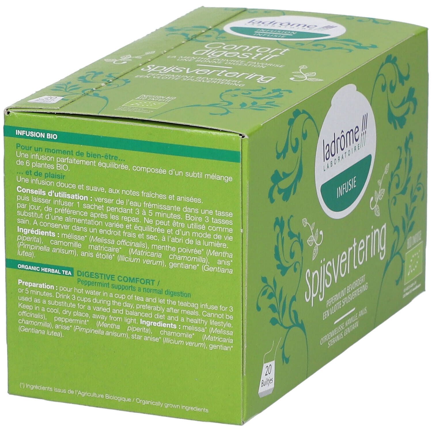 Boîte verte de tisane. Inscription "Spijsvertering". Logo Ladrôme. 20 sachets. Label bio. Texte.