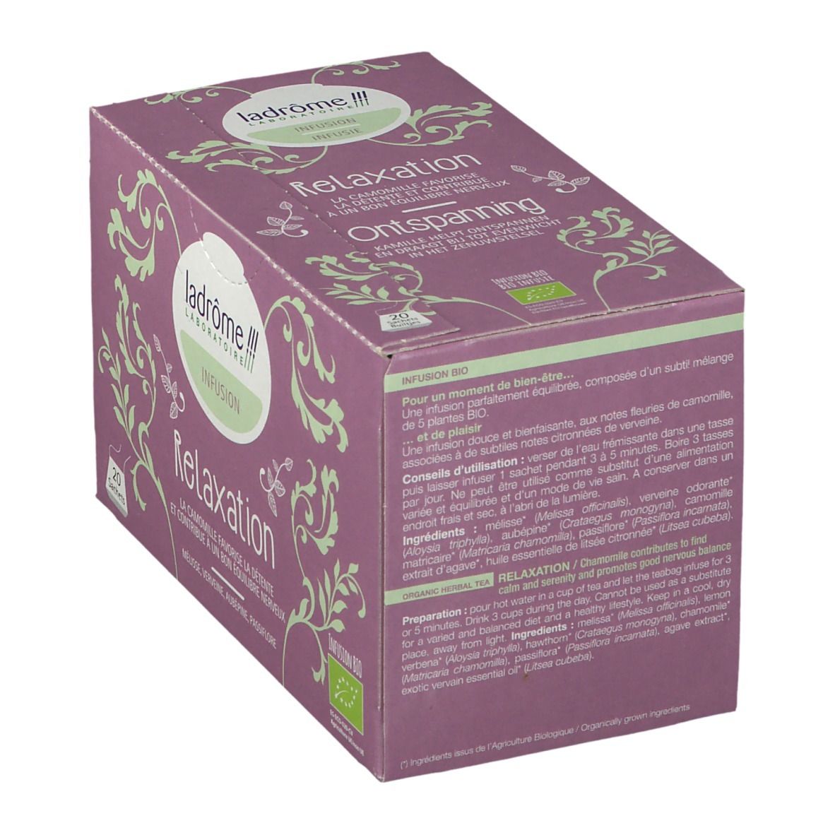 Schuin geplaatste kartonnen doos. Opschrift "Relaxation Infusion". Paarse achtergrond met groene bloemmotieven. Bio-certificering.