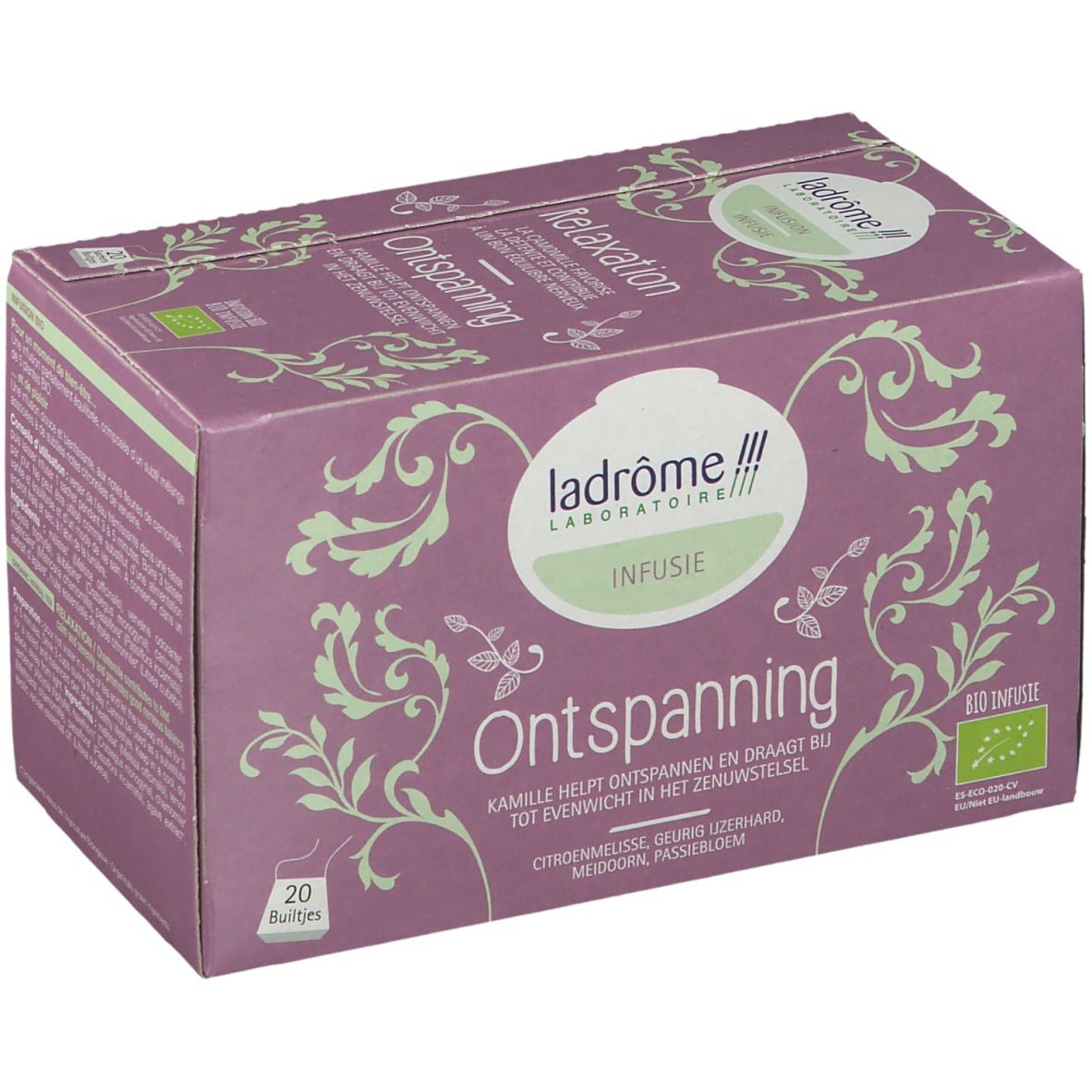 Kartonnen doos "Ontspanning Infusie". Paarse achtergrond met groene bloemmotieven. 20 zakjes.