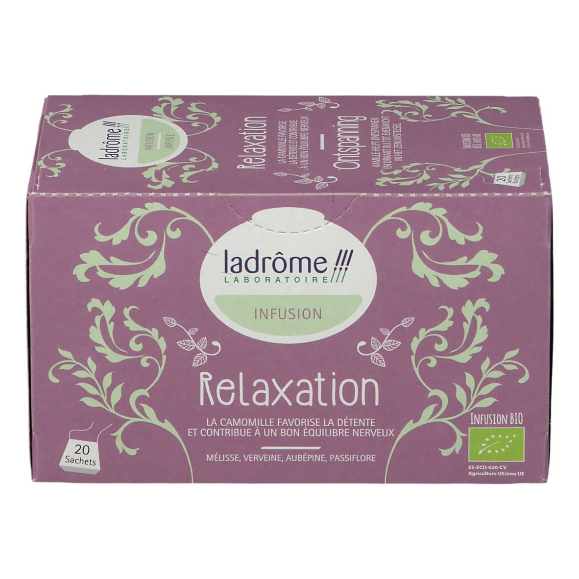 Kartonnen doos "Relaxation Infusion". Paarse achtergrond met groene bloemmotieven. 20 zakjes.