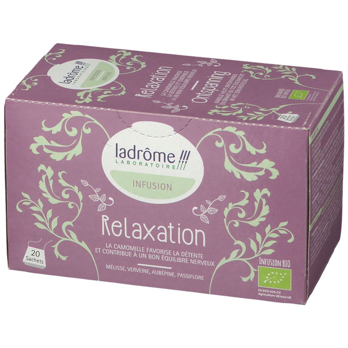 Kartonnen doos "Relaxation Infusion". Paarse achtergrond met groene bloemmotieven. 20 zakjes.