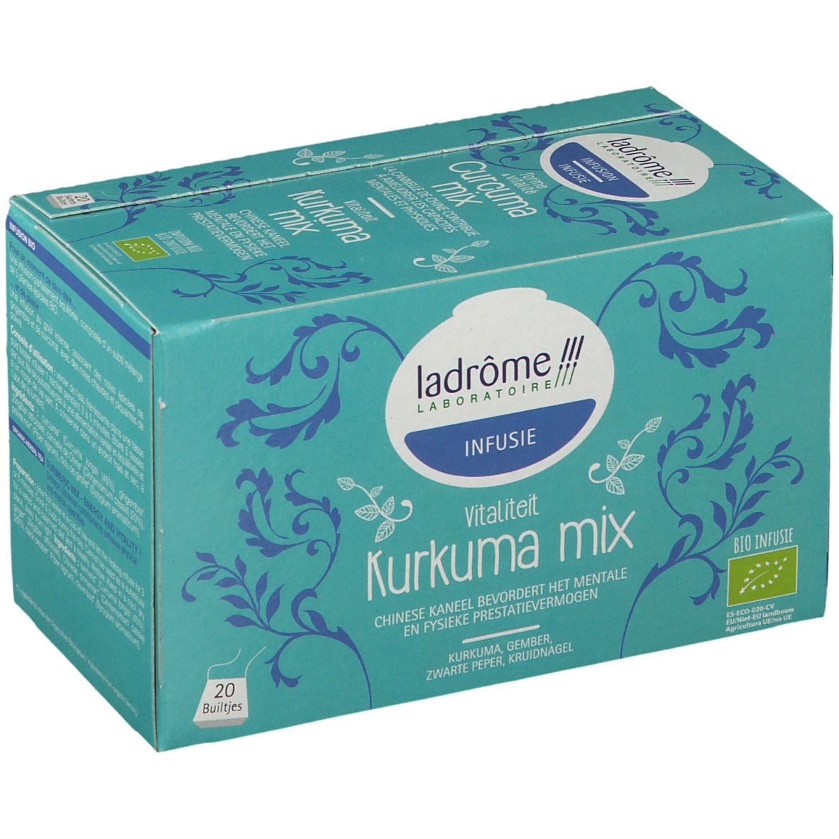 Boîte turquoise Ladrôme Infusion Vitalité Kurkuma Mix. 20 sachets. Label bio. Ingrédients : Curcuma, gingembre, poivre noir, clou de girofle.