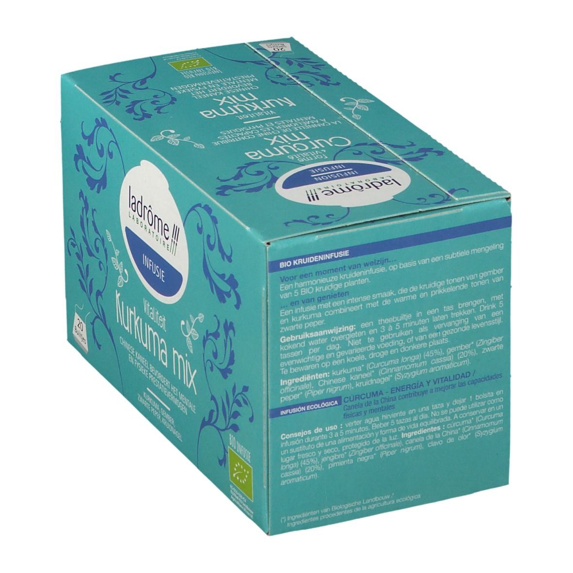 Boîte turquoise Ladrôme Infusion Vitalité Kurkuma Mix. 20 sachets. Label bio. Ingrédients : Curcuma, gingembre, poivre noir, clou de girofle.