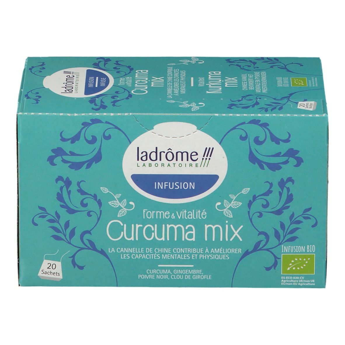 Boîte turquoise Ladrôme Infusion Vitalité Curcuma Mix. 20 sachets. Label bio. Ingrédients : Curcuma, gingembre, poivre noir, clou de girofle.