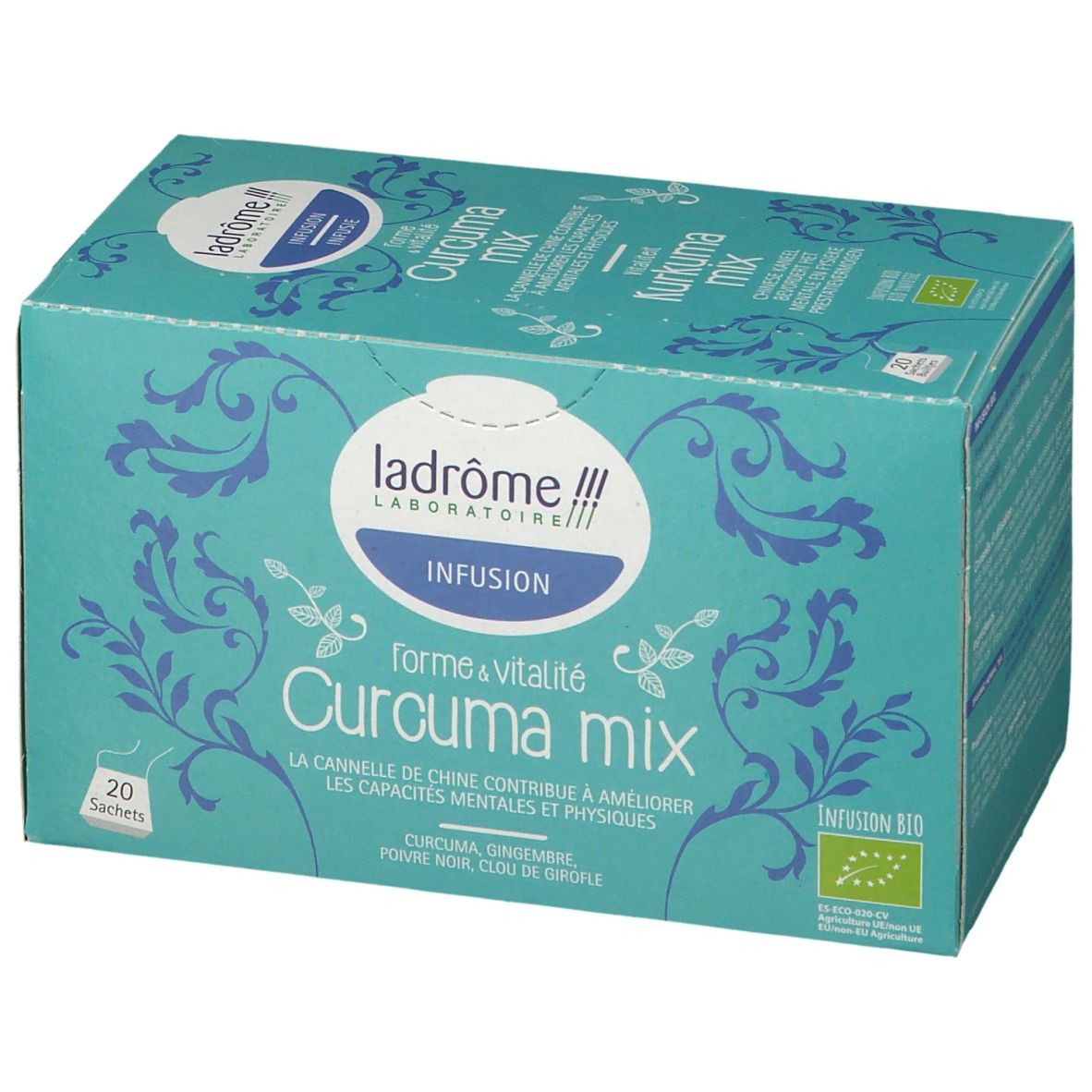 Boîte turquoise Ladrôme Infusion Vitalité Curcuma Mix. 20 sachets. Label bio. Ingrédients : Curcuma, gingembre, poivre noir, clou de girofle.