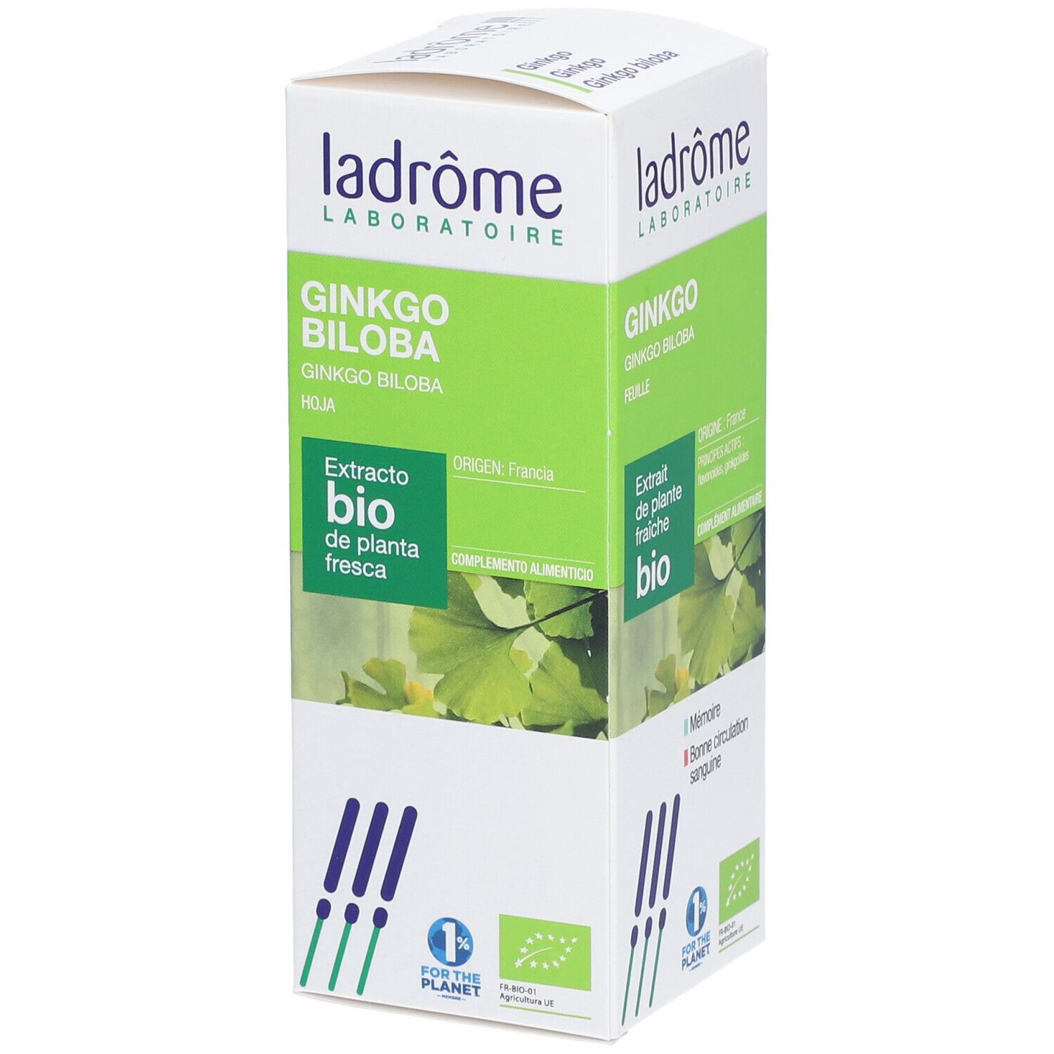 Doosje Ginkgo-extract. Merk Ladrôme. Bio-certificering. Tekst: Ginkgo biloba, Extrait de plante fraîche bio.
