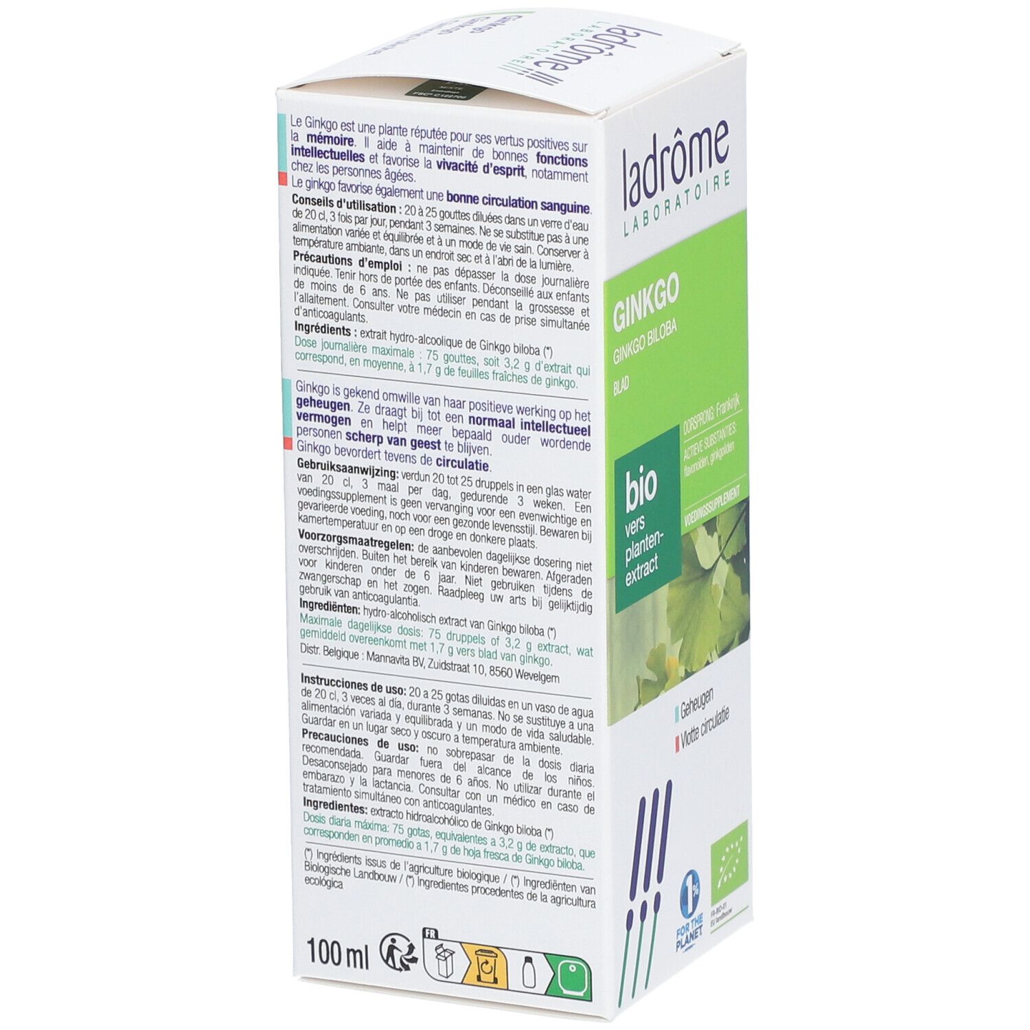 Doosje Ginkgo-extract. Merk Ladrôme. Bio-certificering. Tekst: Ginkgo biloba, Extrait de plante fraîche bio.