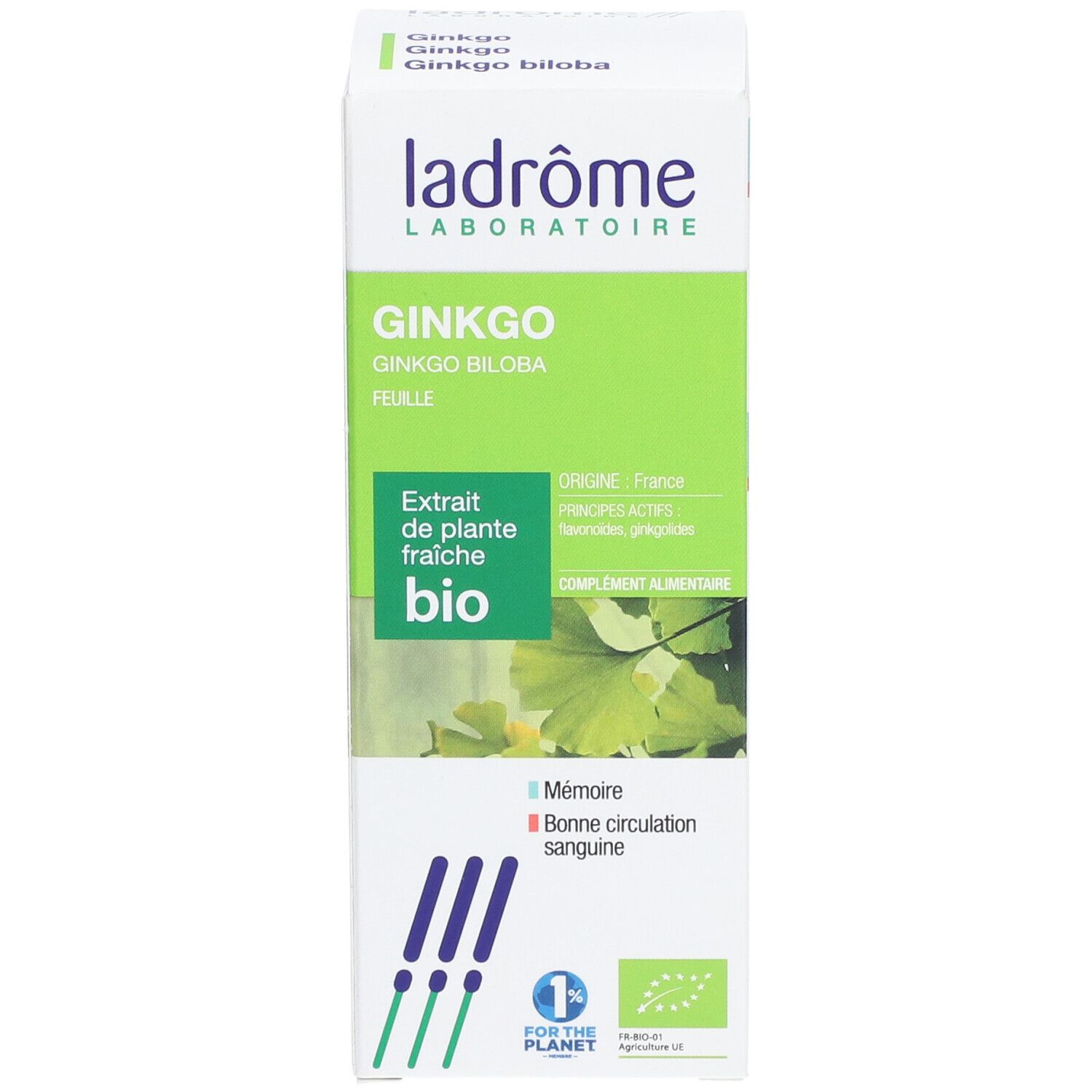 Doosje Ginkgo-extract. Merk Ladrôme. Bio-certificering. Tekst: Ginkgo biloba, Extrait de plante fraîche bio.