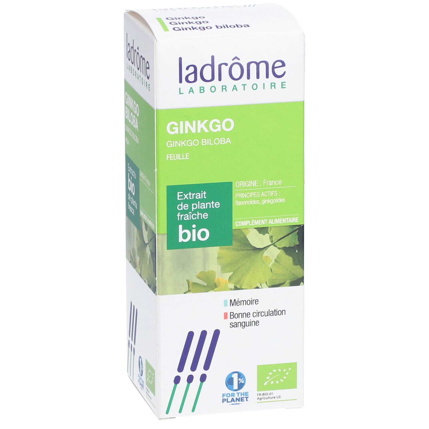 Doosje Ginkgo-extract. Merk Ladrôme. Bio-certificering. Tekst: Ginkgo biloba, Extrait de plante fraîche bio.