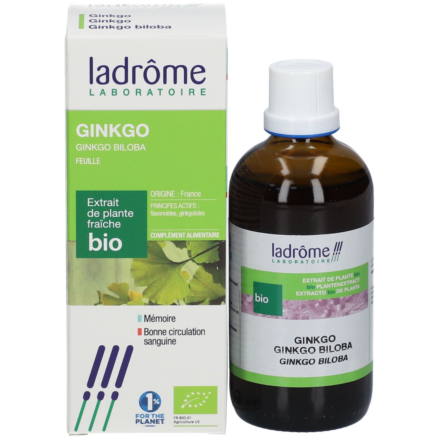 Fles en doosje Ginkgo-extract. Merk Ladrôme. Bio-certificering. Tekst: Ginkgo biloba, Extrait de plante fraîche bio.