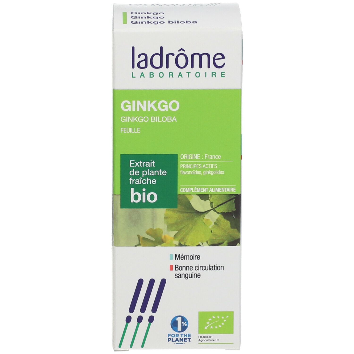 Doosje Ginkgo-extract. Merk Ladrôme. Bio-certificering. Tekst: Ginkgo biloba, Extrait de plante fraîche bio.