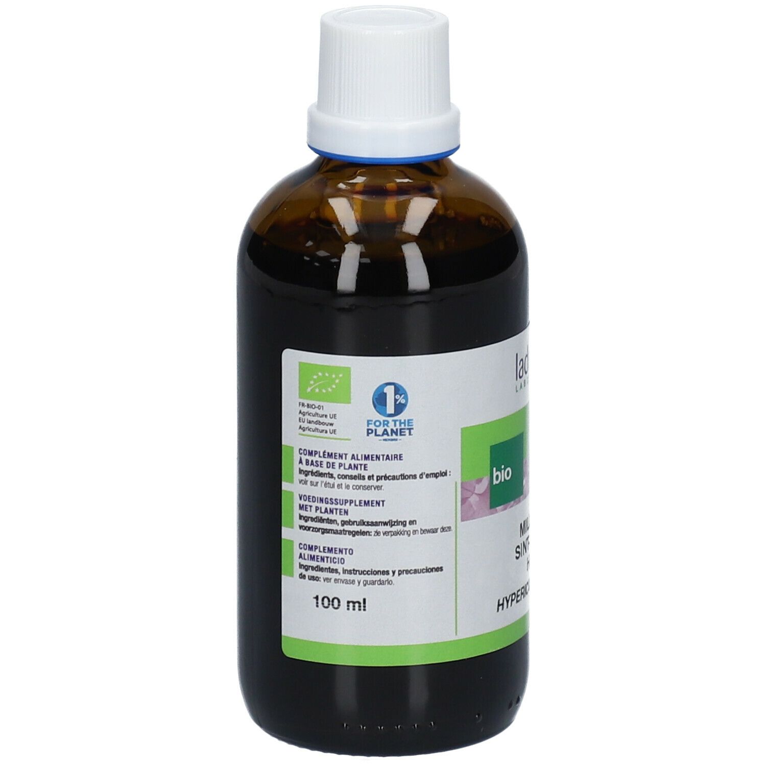 Flacon en verre brun avec bouchon blanc. Étiquette avec nom, label bio et 100 ml. Ladrôme Laboratoire.