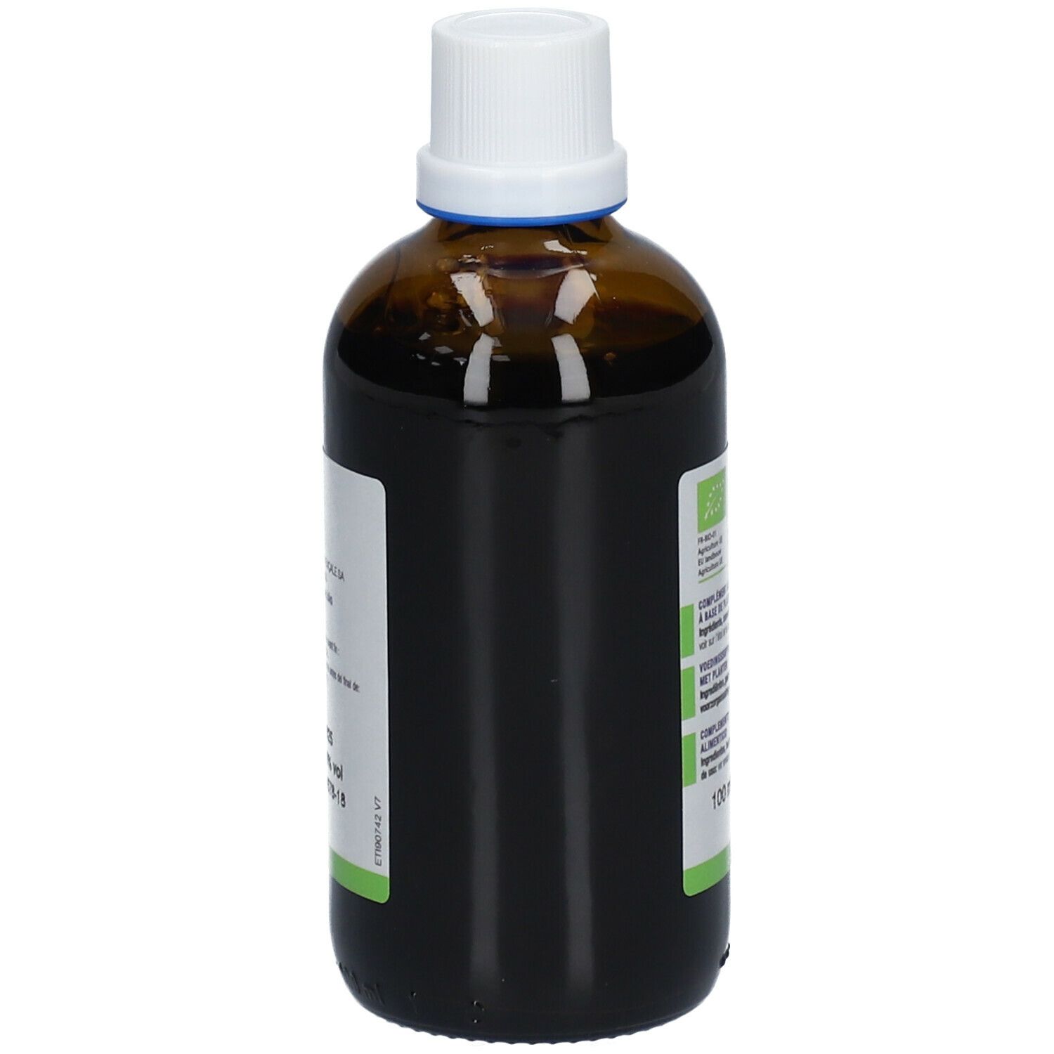 Flacon en verre brun avec bouchon blanc. Étiquette avec informations produit. Ladrôme Laboratoire.