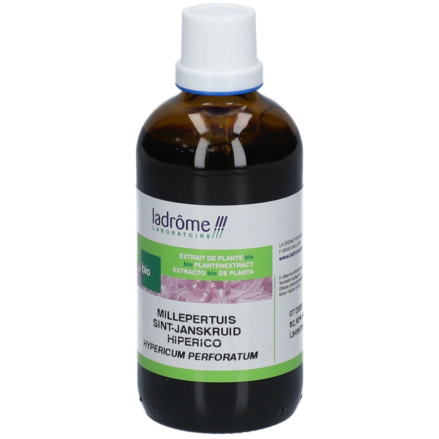 Flacon en verre brun avec bouchon blanc. Étiquette avec nom et label bio. Ladrôme Laboratoire.