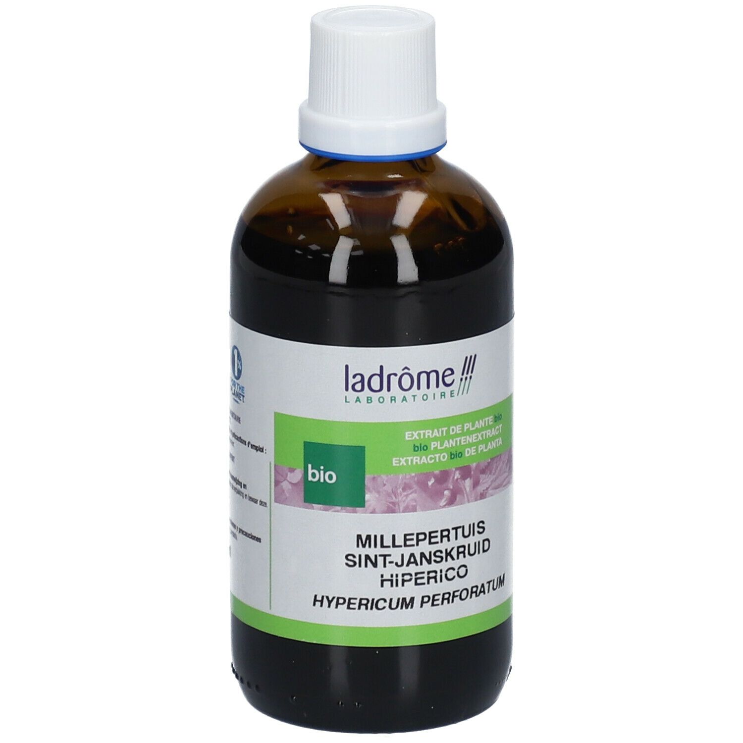 Flacon en verre brun avec bouchon blanc. Étiquette avec nom et label bio. Ladrôme Laboratoire.