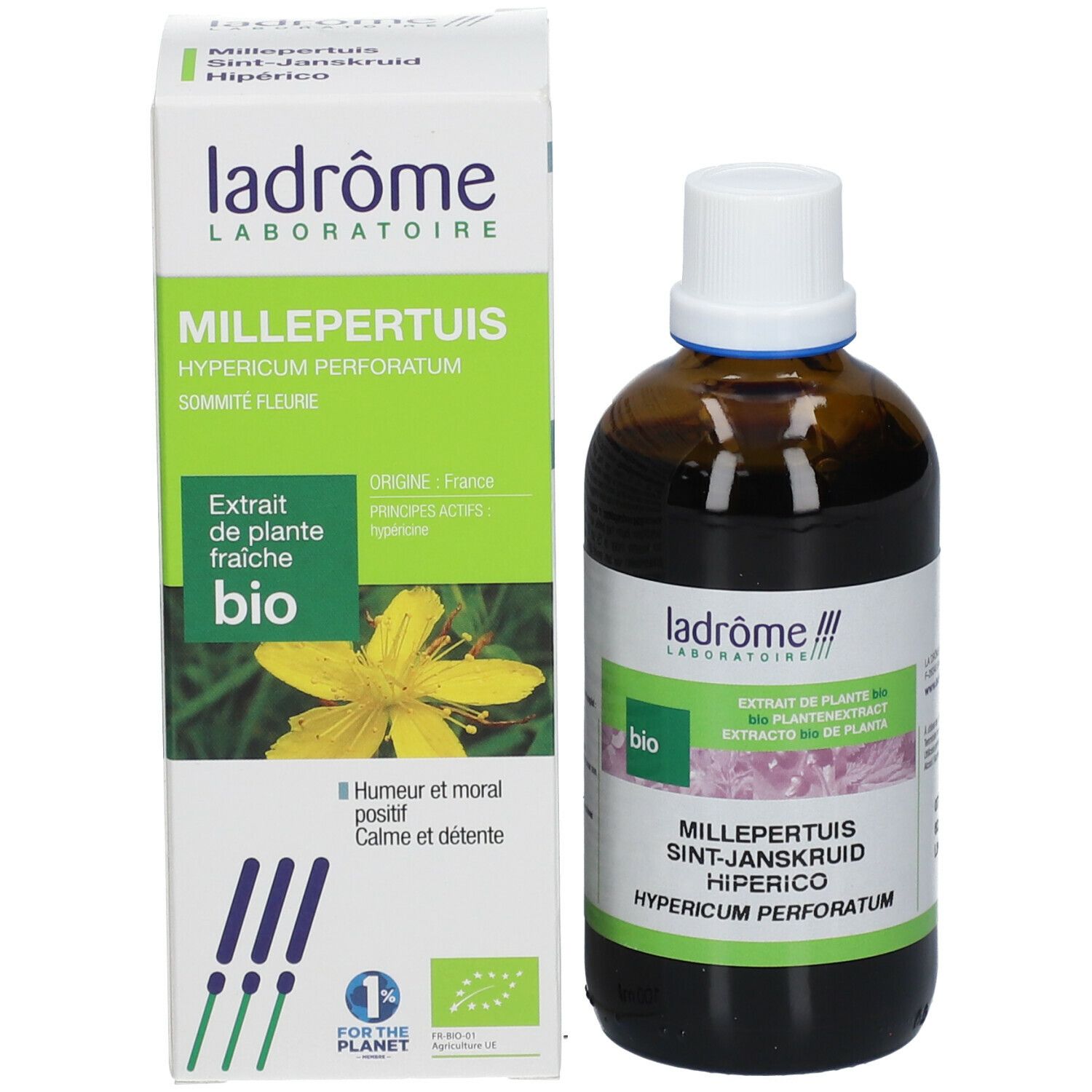 Emballage et flacon. Emballage avec nom, label bio et fleur jaune. Ladrôme Laboratoire.