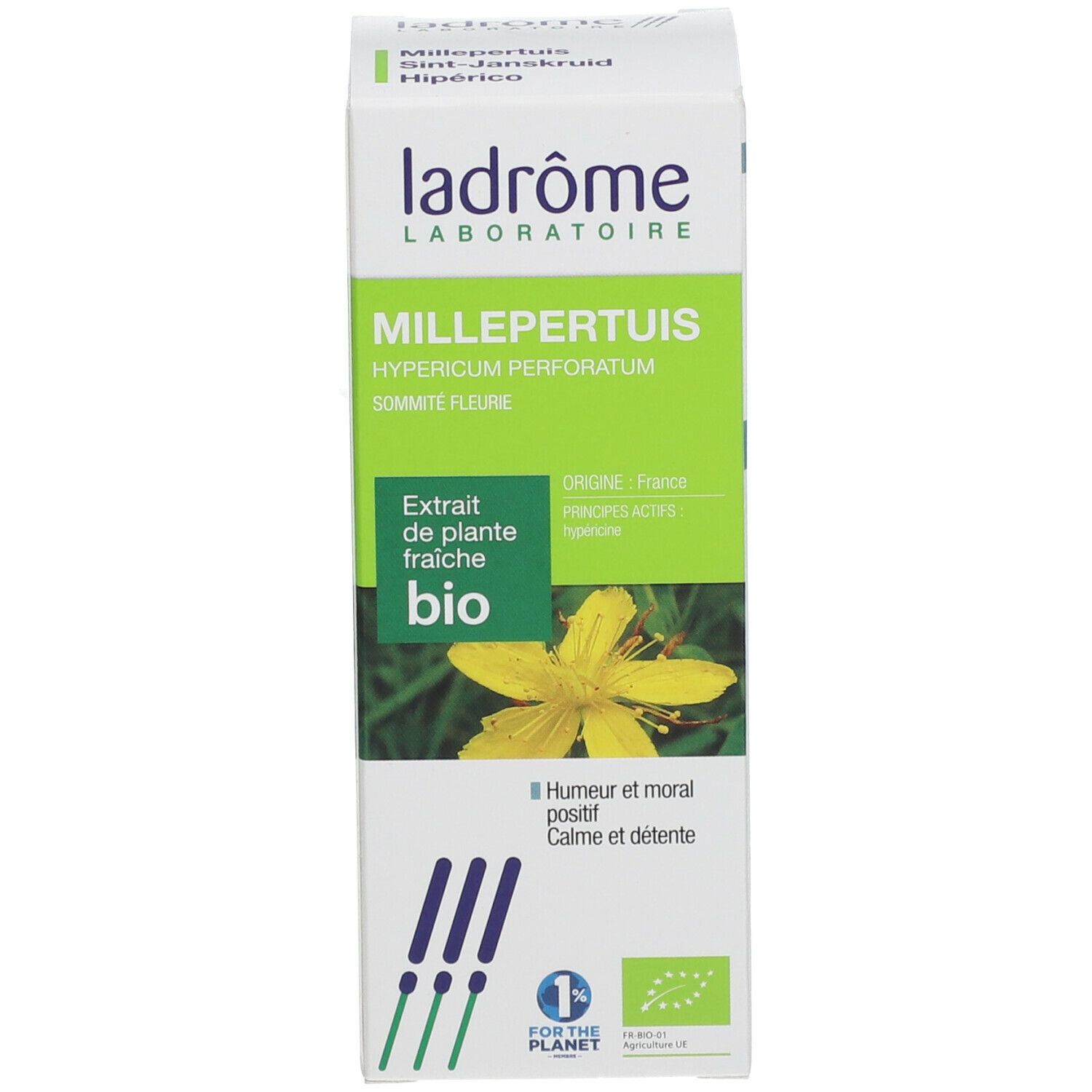 Emballage avec nom, label bio et fleur jaune. Ladrôme Laboratoire.
