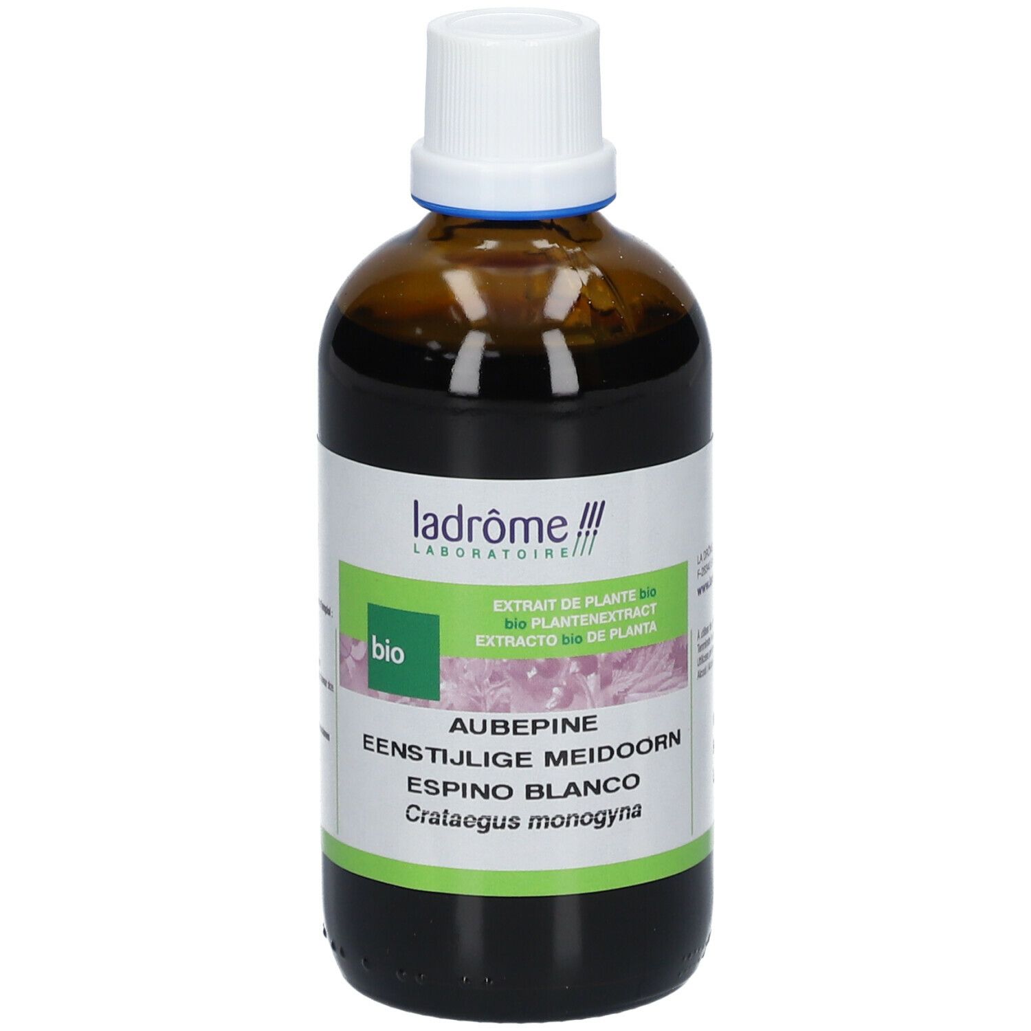 Bruine glazen fles met witte dop. Etiket met productinformatie en bio-label.