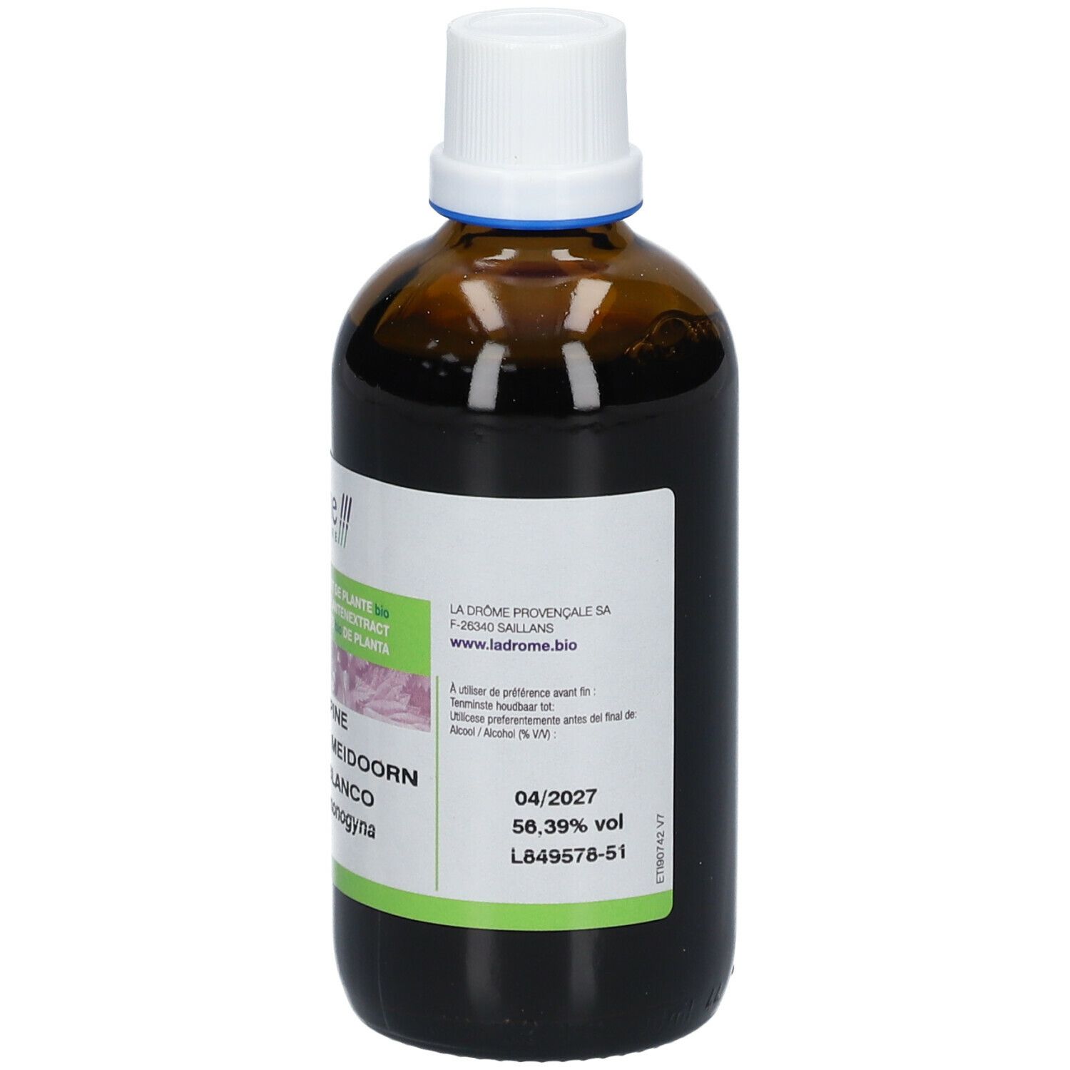 Bruine glazen fles met witte dop. Etiket met houdbaarheidsdatum en ingrediënten.