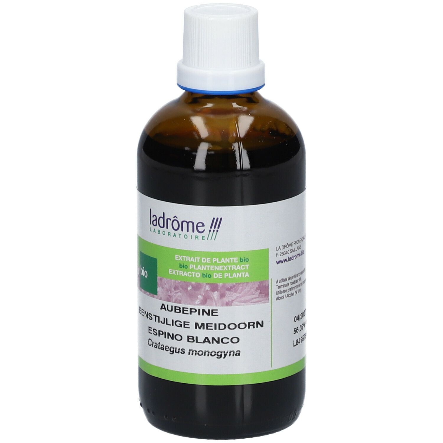 Bruine glazen fles met witte dop. Etiket met productinformatie en bio-label.