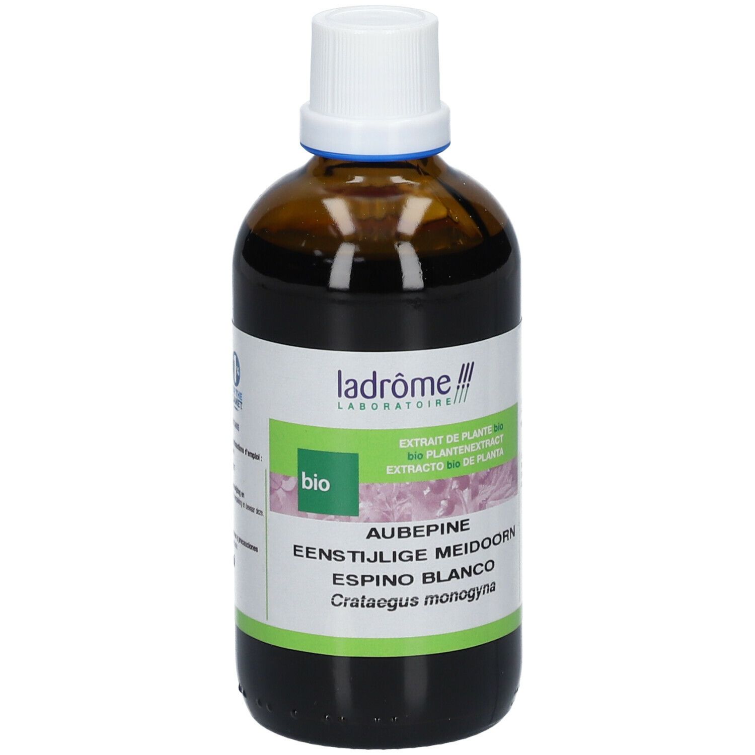 Bruine glazen fles met witte dop. Etiket met productinformatie en bio-label.