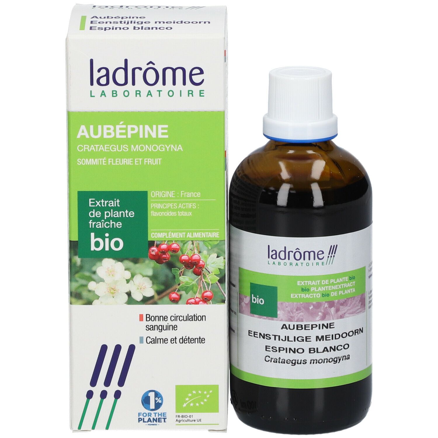 Bruine glazen fles en doos. Fles met witte dop en etiket. Doos met productinformatie.