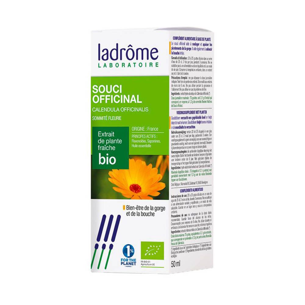 Boîte avec étiquette produit. Texte: Souci Officinal, Calendula Officinalis, Bio. Image de calendula.