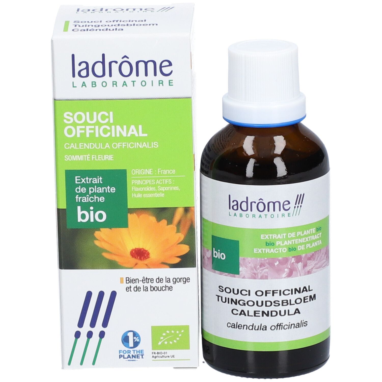 Flacon en verre brun avec bouchon blanc. Étiquette: Souci Officinal, Calendula, Bio. Texte et fleurs roses.
