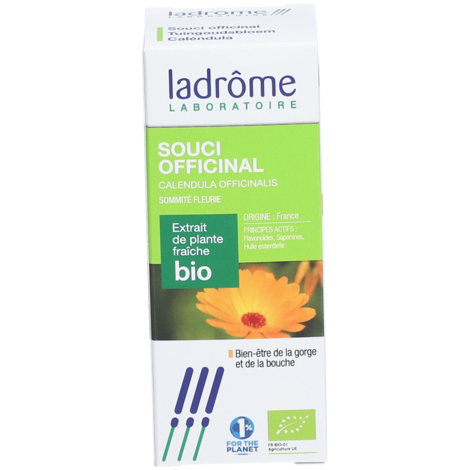 Flacon en verre brun avec bouchon blanc et boîte. Étiquette: Souci Officinal, Calendula, Bio. Image de calendula.