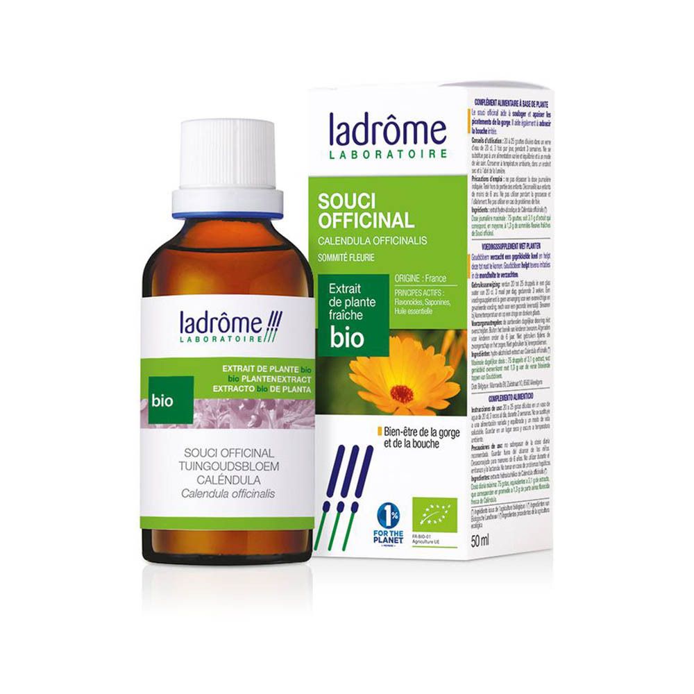 Flacon en verre brun avec bouchon blanc et boîte. Étiquette: Souci Officinal, Calendula, Bio. Image de calendula.