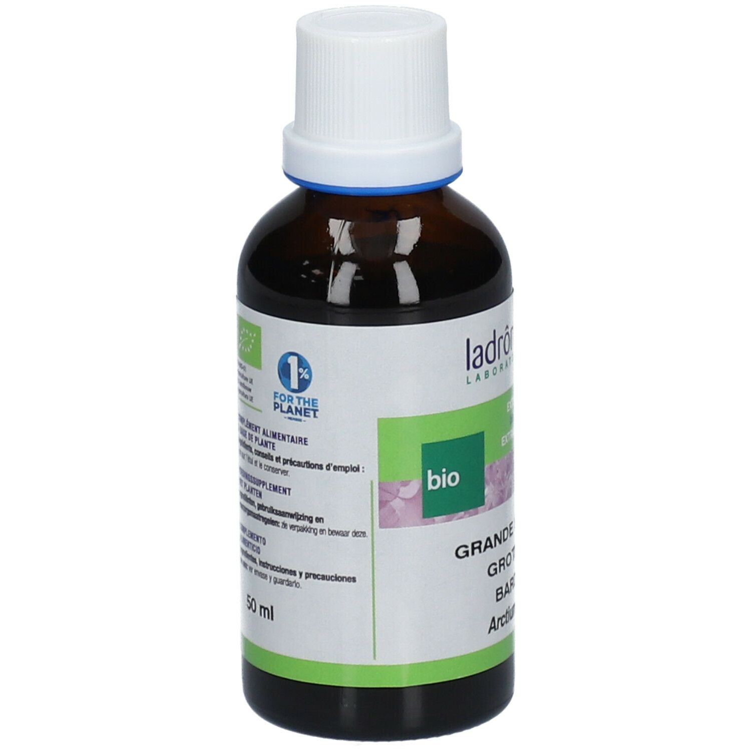 Bruine glazen fles met witte dop. Etiket met productnaam, ingrediënten, bio-label en 1% for the Planet-logo.
