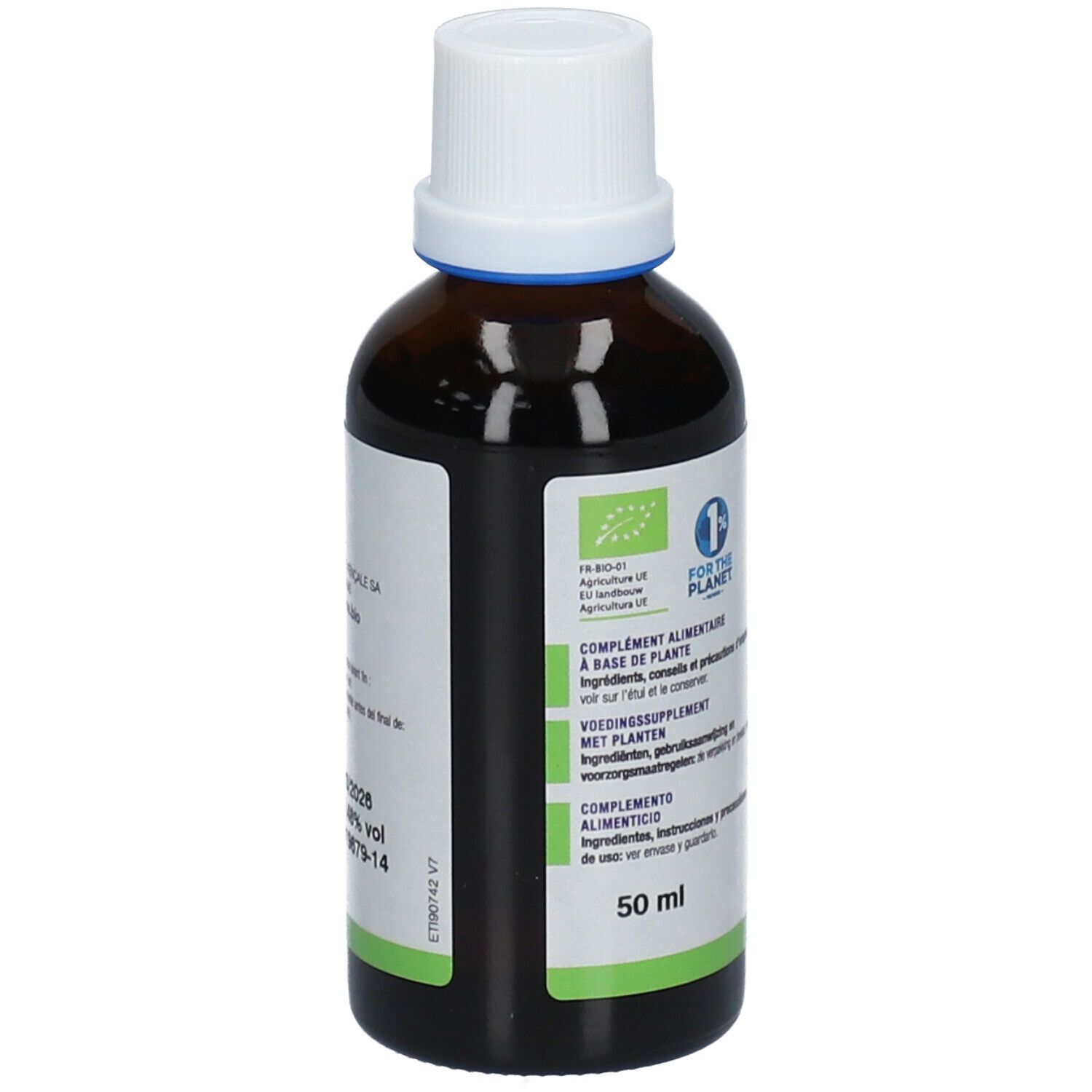 Bruine glazen fles met witte dop. Etiket met productinfo, bio-label en 1% for the Planet-logo. 50 ml.