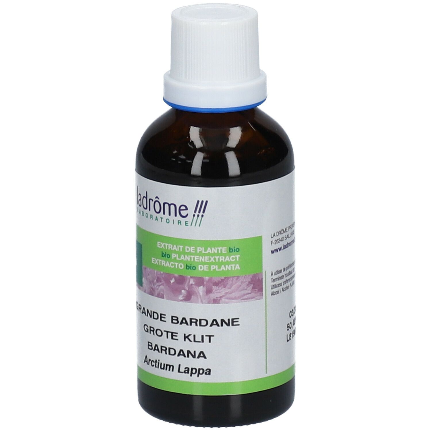 Bruine glazen fles met witte dop. Etiket met productnaam, ingrediënten en bio-label. Merk: Ladrôme.