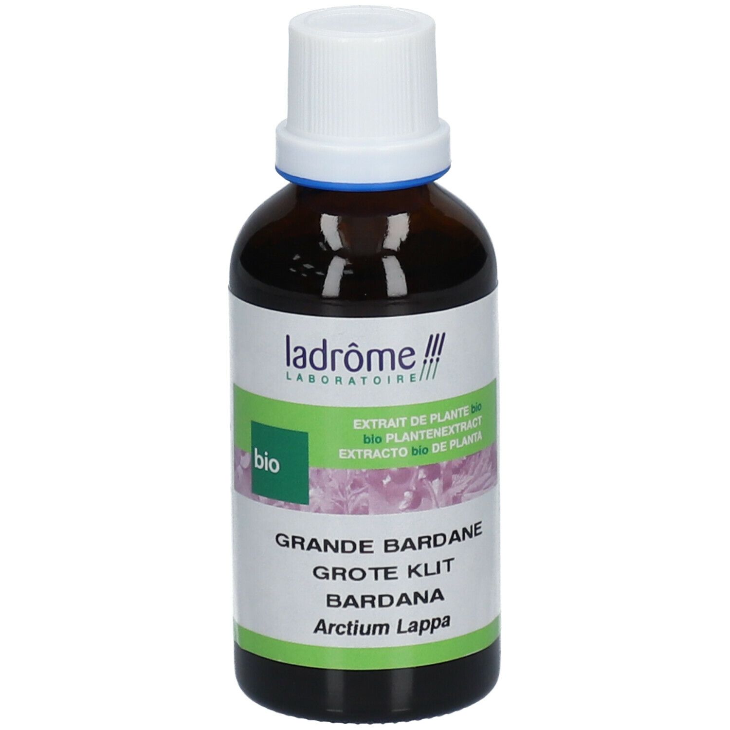 Bruine glazen fles met witte dop. Etiket met productnaam, ingrediënten en bio-label. Merk: Ladrôme.