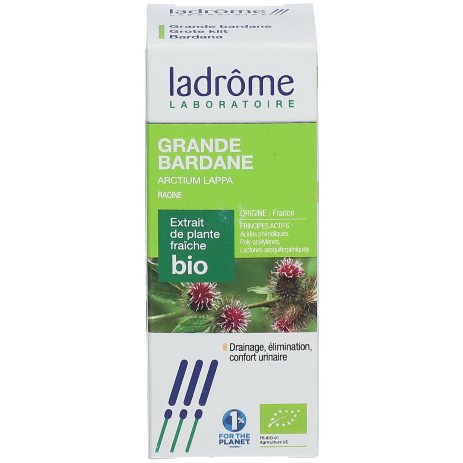 Productverpakking. Doos met productnaam, ingrediënten, bio-label en 1% for the Planet-logo. Merk: Ladrôme.