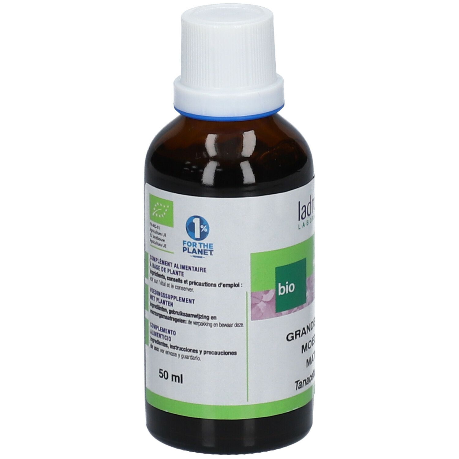 Bruine glazen fles met witte dop. Etiket met productinfo, bio-label en 1% for the Planet-logo. 50 ml.
