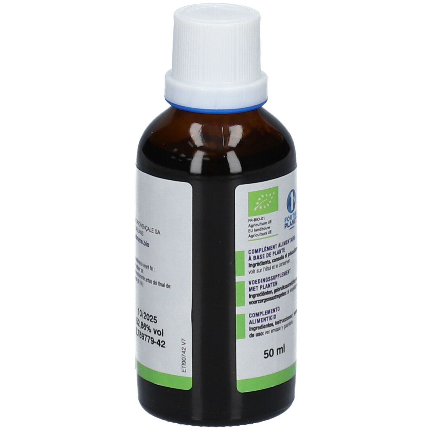 Bruine glazen fles met witte dop. Etiket met productinfo en 50 ml. Achteraanzicht.