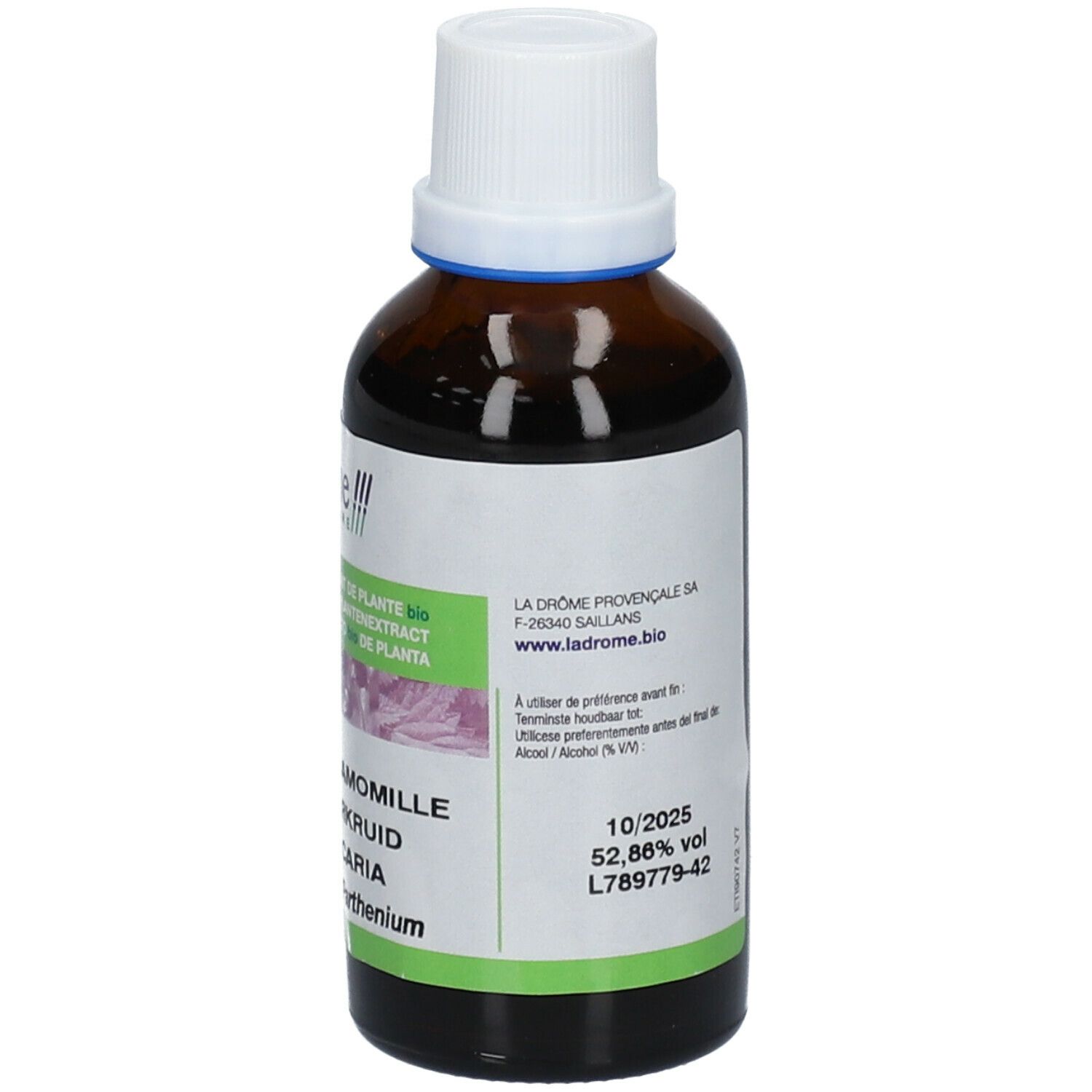 Bruine glazen fles met witte dop. Etiket met productinfo, vervaldatum en alcoholgehalte. 50 ml.