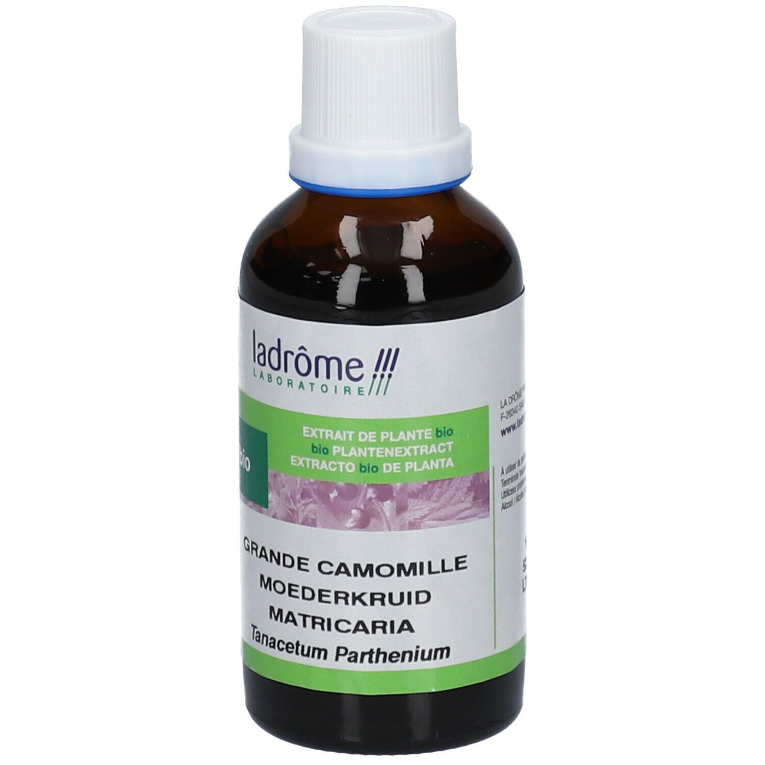 Bruine glazen fles met witte dop. Etiket met productnaam, bio-label en botanische namen. Tekst in het Frans, Nederlands en Engels.