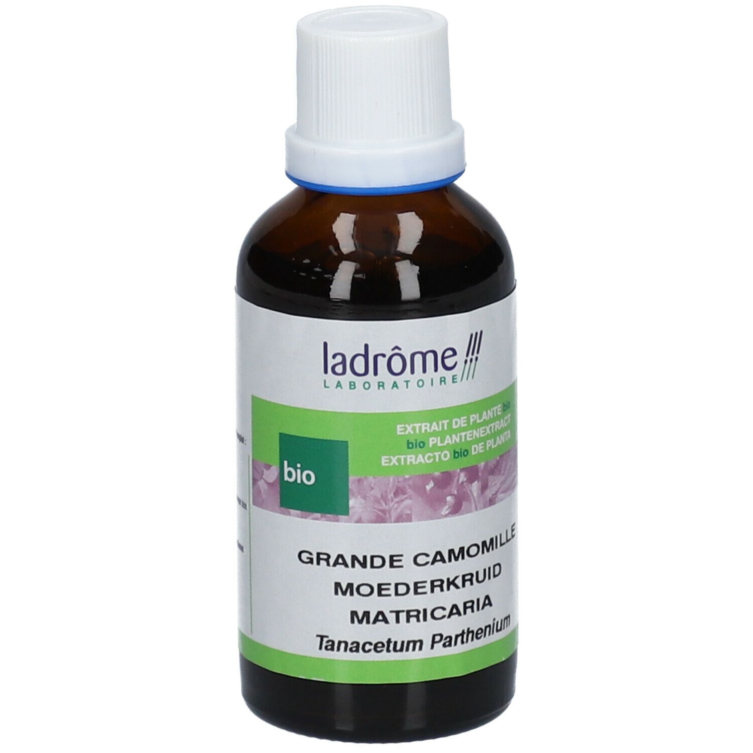 Bruine glazen fles met witte dop. Etiket met productnaam, bio-label en botanische namen. Tekst in het Frans, Nederlands en Engels.