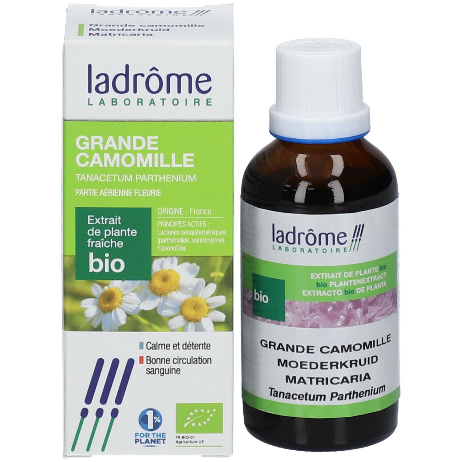 Productfles en verpakking. Bruine fles met witte dop. Doos met productnaam, bio-label en illustraties.