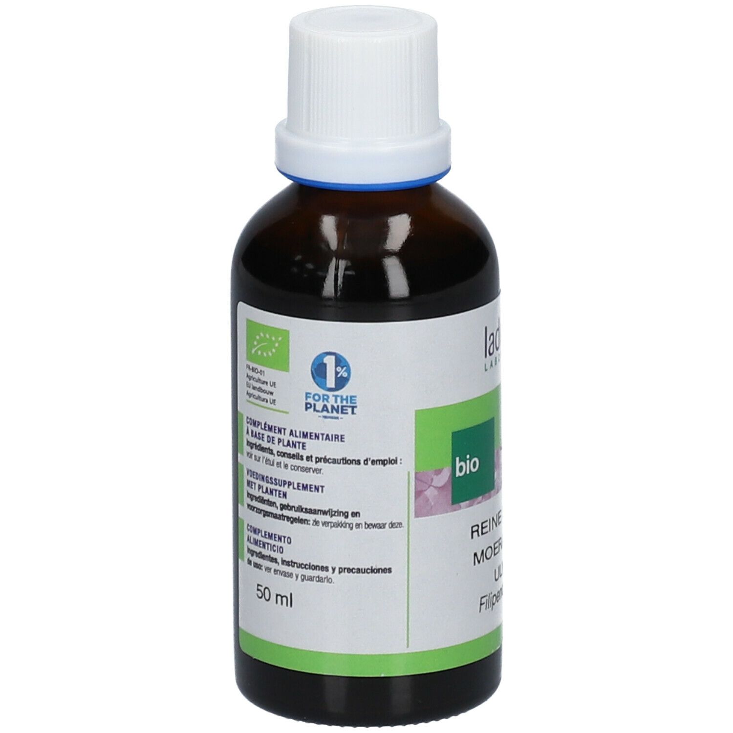 Bruine glazen fles met witte dop. Etiket met productinfo, bio-keurmerk en 50 ml. Merk: ladrôme.