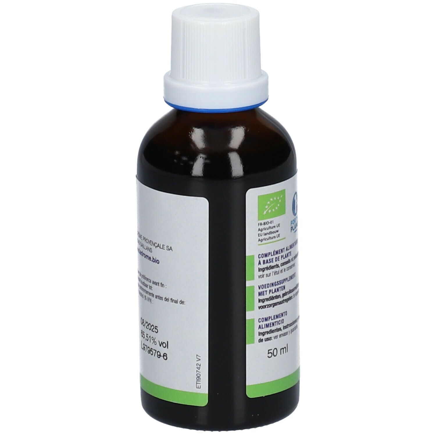 Bruine glazen fles met witte dop. Achterkant met etiket en info. Bio-keurmerk en 50 ml.