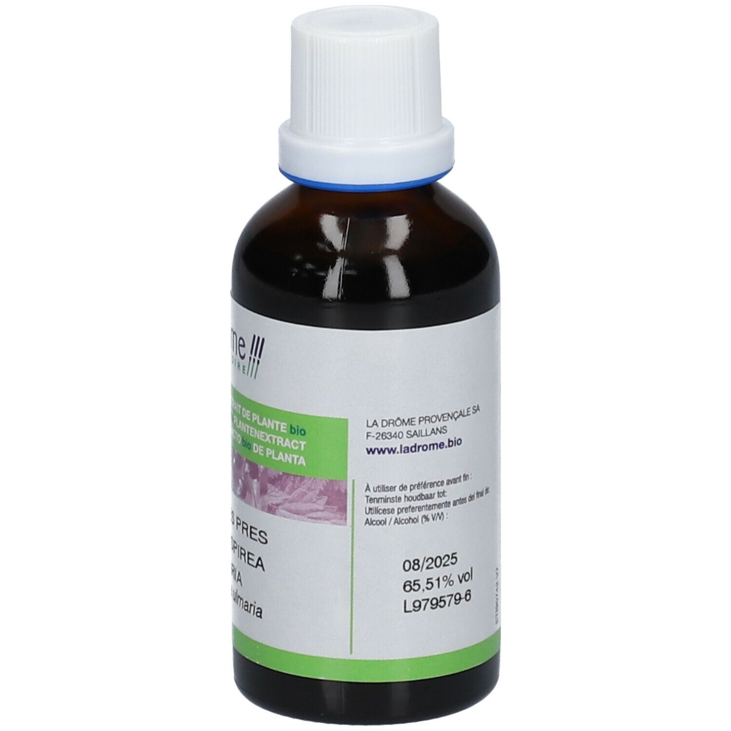 Bruine glazen fles met witte dop. Etiket met productinfo, bio-keurmerk en 65,51% vol. Merk: ladrôme.
