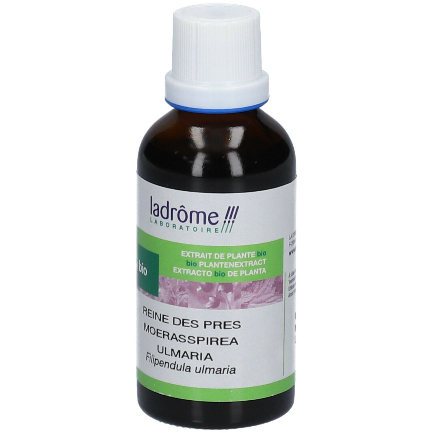 Bruine glazen fles met witte dop. Etiket met productinfo en bio-keurmerk. Merk: ladrôme.