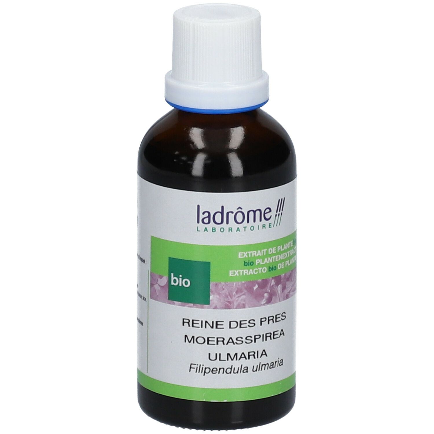 Bruine glazen fles met witte dop. Etiket met productinfo en bio-keurmerk. Merk: ladrôme.