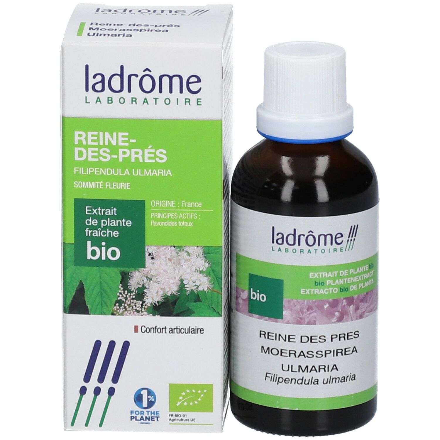 Bruine glazen fles met witte dop en kartonnen verpakking. Bio-keurmerk. Merk: ladrôme.