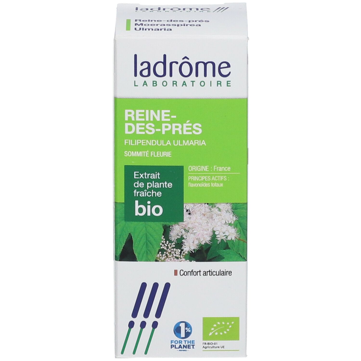 Kartonnen verpakking met productinfo en bio-keurmerk. Merk: ladrôme.