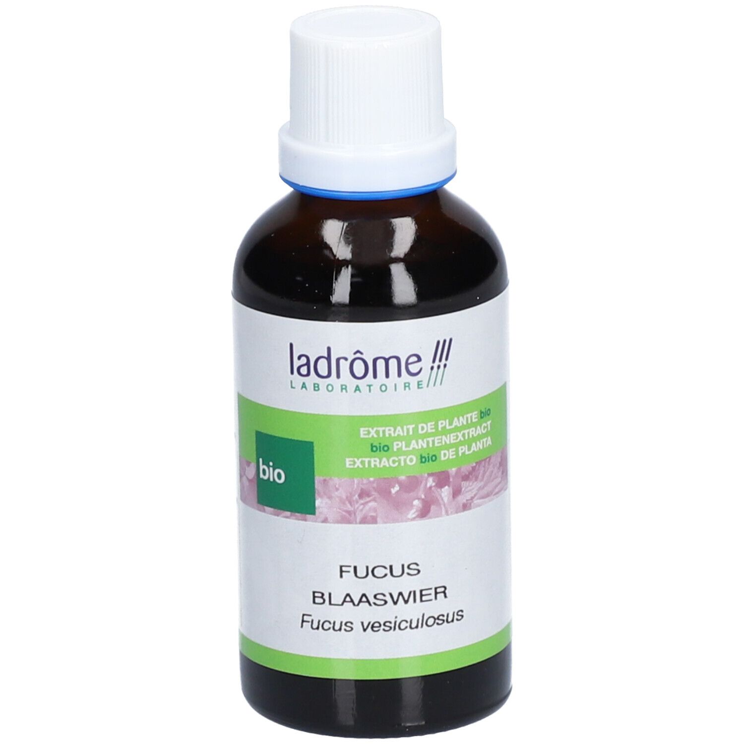 Flacon en verre brun avec bouchon blanc et étiquette verte. Inscription : ladrôme, Fucus Blaaswier, bio.